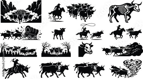 Western cattle drive and horror themed silhouettes featuring herds, cowboys, skeletons, and spooky scenes on a white background
