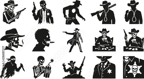 Western and horror themed silhouettes featuring skeletons, cowboys, gunslingers, and spooky characters on a white background