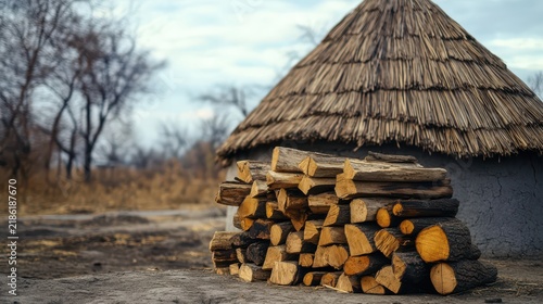 Stacked firewood beside traditional thatched roof hut in rural