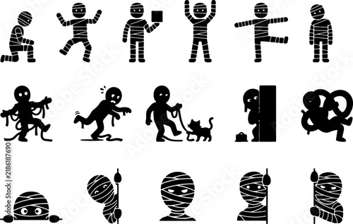 Set of mummy silhouette icons showing various poses and halloween spooky activities with creepy character