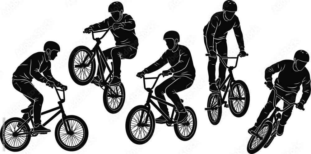 Obraz premium BMX freestyle rider stunt cyclist performing bicycle tricks jump wheelie action sports black vector set