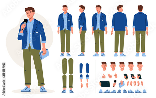 Journalist reporter holding microphone character for animation. Front, side, back poses and postures set. Vector illustration.