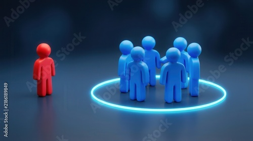 Social exclusion and workplace isolation depicted by a single red figure apart from a blue corporate group.