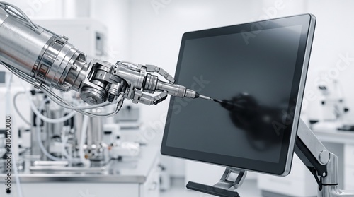 Robotic arm with a drill bit working on a computer monitor screen