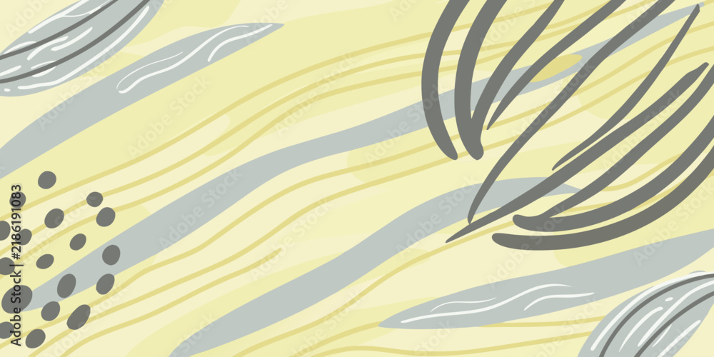 Obraz premium Abstract organic background with flowing lines, leaves, and dots in soft pastel yellow and green tones