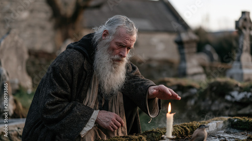 Irish widower with a silver beard crouching beside a mossy grave in a rural churchyard at twilight, shielding a taper candle from the wind with his weathered palm, mist rising