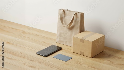 Mobile Phone, Card, and Package Mockup on Wooden Table. E-Commerce Delivery Concept, Product Presentation