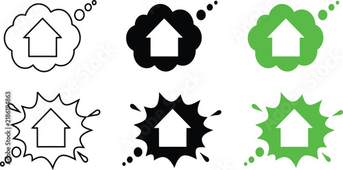 Set of house inside thought bubbles and speech clouds, featuring outline, solid black, and vibrant green styles on white background