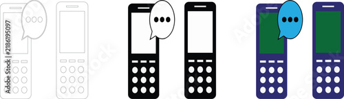 Two mobile phone with speech bubbles, displayed in outline, solid black, and blue color styles on a plain white background surface