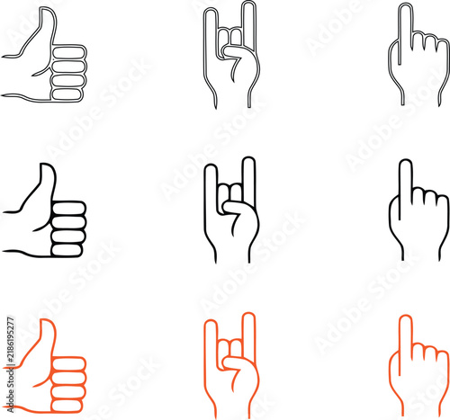 Hand gesture including thumbs up, rock and roll, and pointing finger, in outline, solid black, and orange styles on a white background