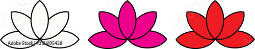 Three variations of a lotus flower featuring a thin black outline, a solid pink silhouette, and a solid red shape on a white background