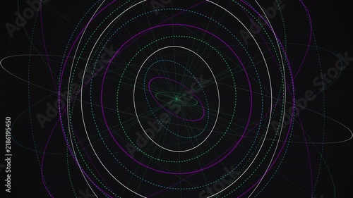 Rotating glowing concentric circular orbits forming a complex cosmic system of spinning energy light waves