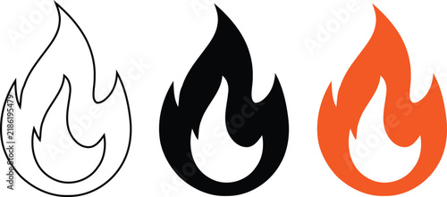 Three variations of a fire flame showing a thin black outline, a solid black silhouette, and a solid orange shape on a white background