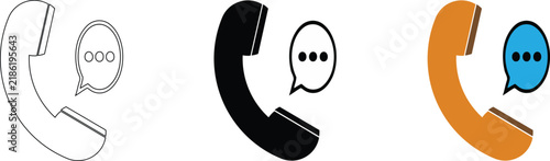 Three variations of a telephone handset with a speech bubble, showing an outline, a black silhouette, and a colored version on white background