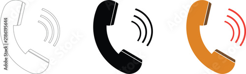 Three variations of a ringing telephone handset showing a thin black outline, a solid black silhouette, and an orange handset with red waves