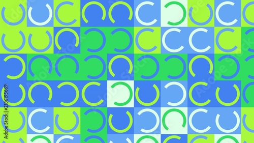 Rows of colorful geometric circular segment patterns arranged in a structured grid with vibrant lime green hues