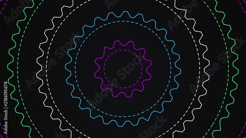 Rotating neon glowing gear wheels creating concentric circles of light in a dark technological motion sequence