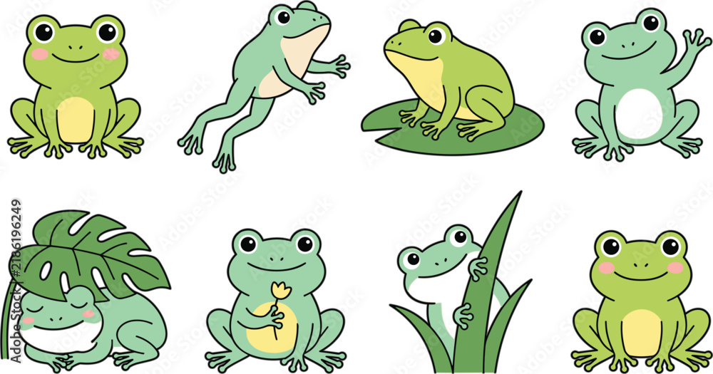 Naklejka premium Cute Cartoon Green Frog Sticker Set Featuring Funny Toad Character Jumping, Sitting on Lily Pad, Holding Flower, and Hiding Under Monstera Leaf Vector