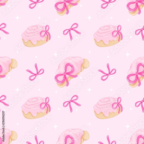 Cute Pink Bakery Seamless Pattern with Cinnamon Rolls, Croissants, and Bows on Pink Background