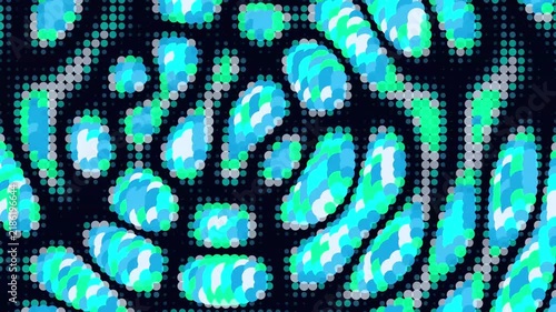 Vibrant blue and teal circular dots ripple across a dark field creating rhythmic kinetic energy patterns