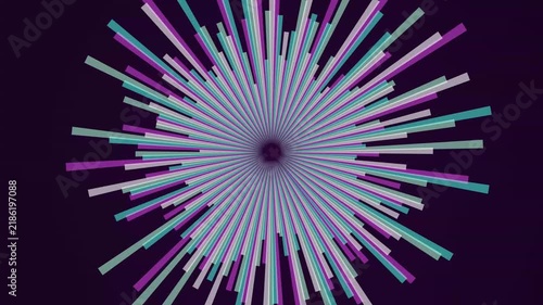 Vibrant neon purple and cyan radial light rays expanding outward from a central dark circular point