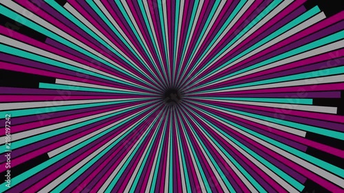 Vibrant neon purple and cyan rays converge toward a central point creating dynamic rhythmic movement