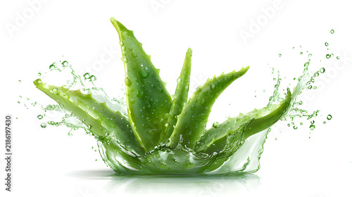 Fresh green aloe vera plant leaf with water splash and liquid drops