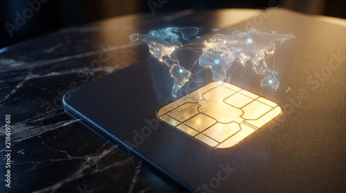 Futuristic credit card chip with holographic global map representing international finance and digital technology