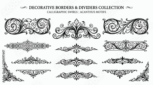 Vintage Decorative Borders and Dividers Collection. Calligraphic Swirls and Acanthus Ornaments. Ornate Design Elements.
