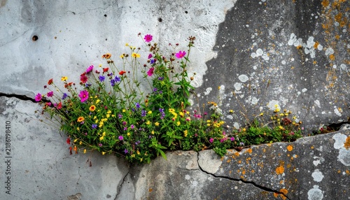 Vibrant flowers growing through cracked concrete.