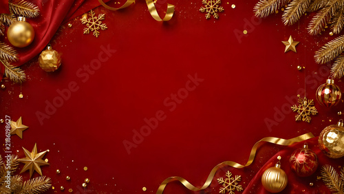 Festive red background with gold ornaments and snowflakes border for christmas greeting