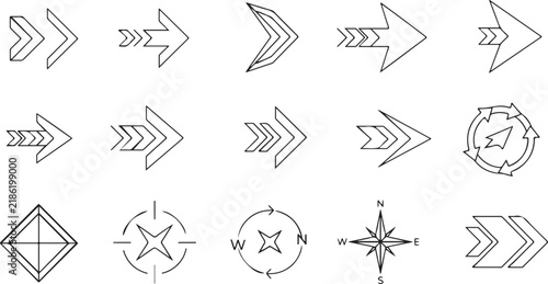 Minimalist arrow icons set, 15 linear vector elements. Geometric navigation symbols, outline directional pointers for UI design.