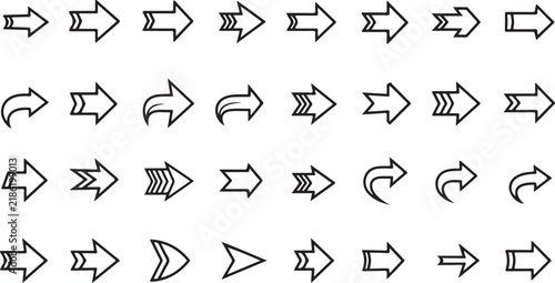 Minimalist arrow icon set with 32 outline vectors. Modern directional pointers for navigation. Black line arrow collection for UI design.