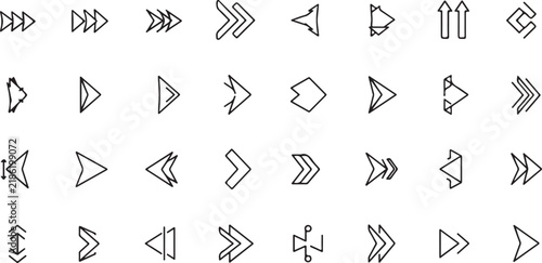Minimalist arrow icon set, 32 thin line vector pointers, geometric navigation symbols for web and app interface design