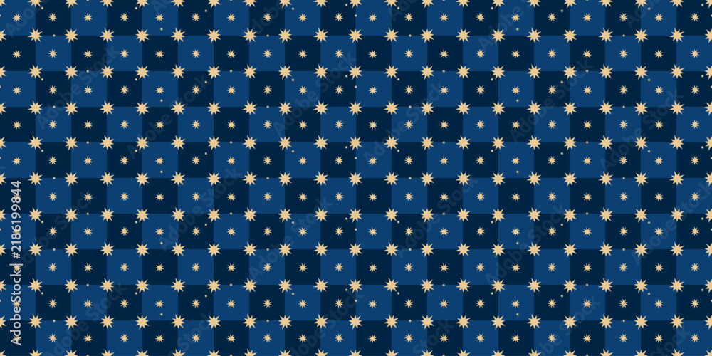 Obraz premium Seamless pattern with blue squares, yellow stars. Endless repeat holiday design for gift, wrapping paper. Christmas, New Year, birthday festive paper art. 