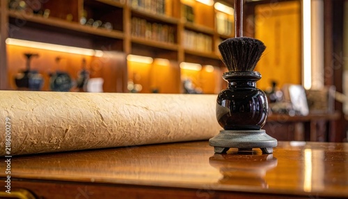 Ancient scroll on wooden table indoors.
