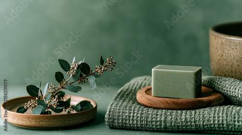 Green soap bar on wooden dish with textured towels and eucalyptus branch