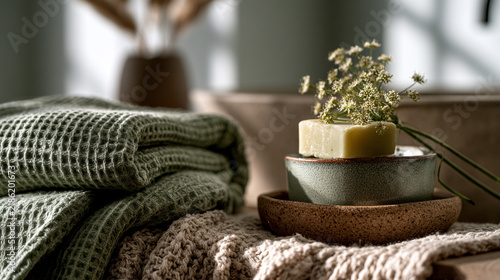 Natural soap bar with small flowers, green towels and ceramic dishes in spa still life