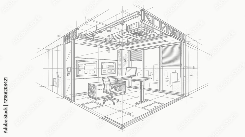 Fototapeta premium Architectural sketch depicting a modern office interior with a desk, computer, and office chair, shown in two-point perspective with visible vanishing lines.