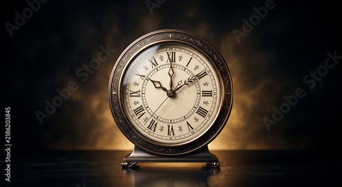 Antique Table Clock: A close-up shot showcases an antique table clock with Roman numerals on its face, casting an elegant aura with its brass finish and intricate detailing.