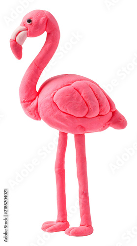 Playful pink flamingo sculpture made from modeling clay on a white background