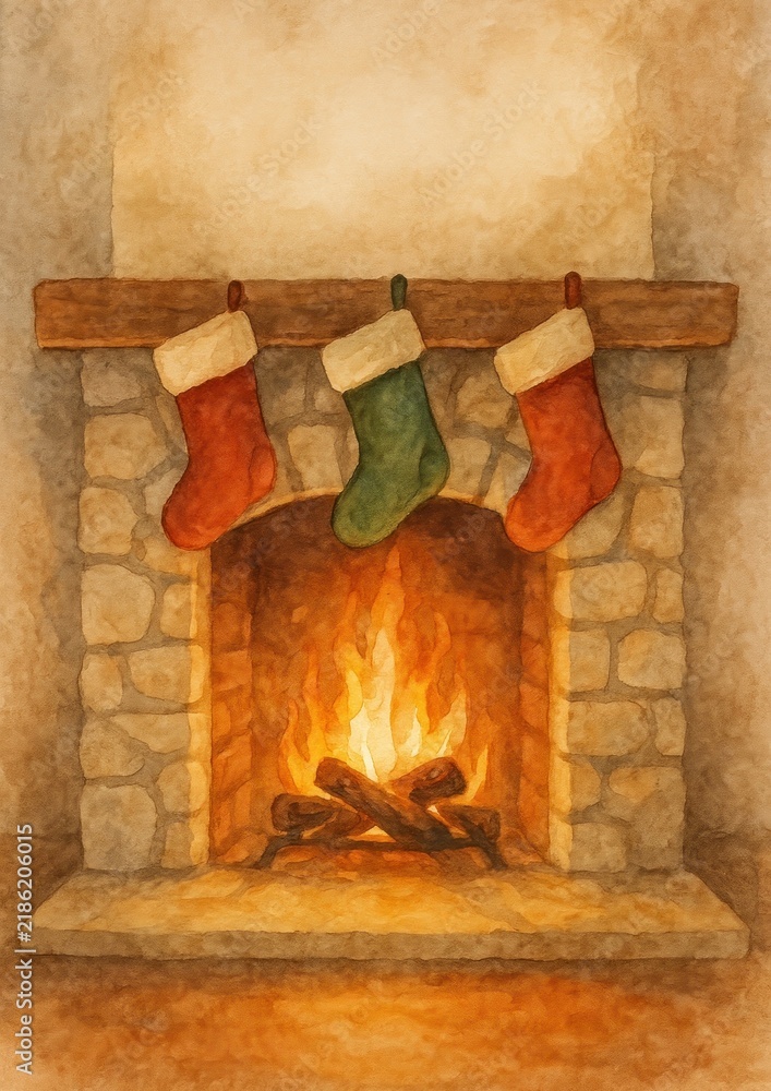 Fototapeta premium Cozy fireplace with Christmas stockings.