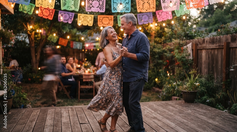 Obraz premium Mature couple joyfully dancing at an outdoor evening party with colorful decorations