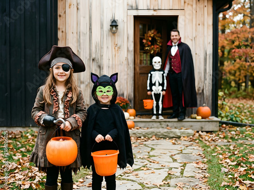 Family in Halloween costumes trick or treating at home front door
