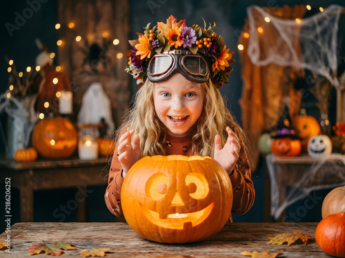 Happy little girl with flower crown and pumpkin jack-o-lantern for Halloween celebration