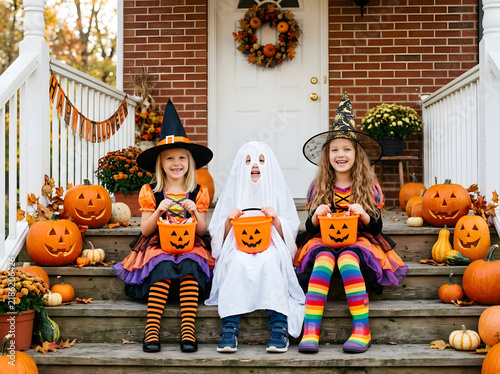 Three children in Halloween costumes sitting on porch steps with pumpkins and candy buckets