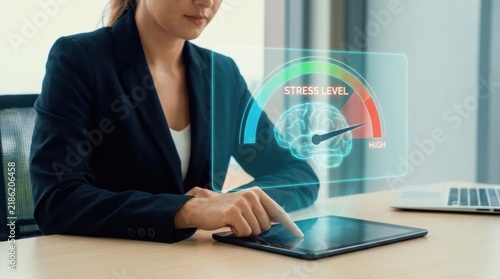 Professional woman monitoring high stress level via digital holographic interface.