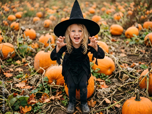 Little girl in witch costume playing in a pumpkin patch for Halloween celebration