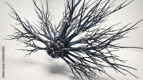 Futuristic botanical structure with branching metallic forms and blue accents 3d rendering