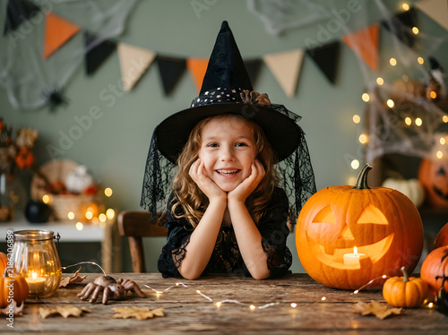 Happy little girl in witch costume celebrating Halloween with carved pumpkin jack-o-lantern